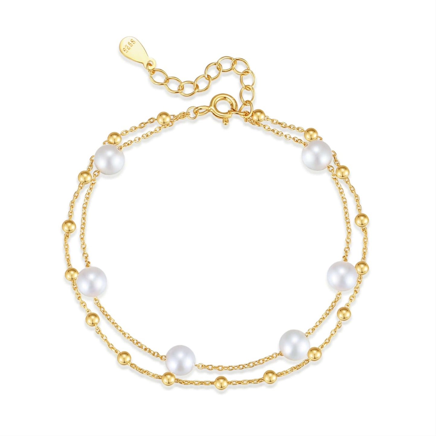 "SUIHE Jewelry Perfect Pearl Freshwater Pearl Grace Bracelet in 18k Gold Vermeil, double-chain design with beads and pearls."
