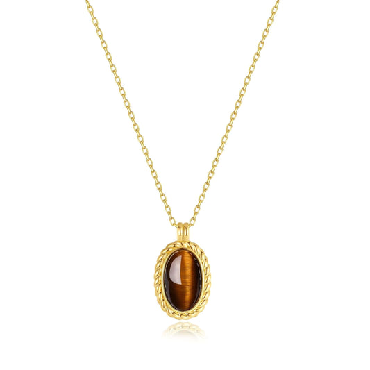 SUIHE Jewelry Amber Necklace in Tiger's Eye Stone and 18k Gold Vermeil, elegant charm design, 16" chain plus 2" extender
