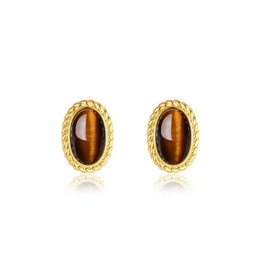 Amber Tiger's Eye Stone Earrings with 18k Gold Vermeil, sleek and hypoallergenic design, SUIHE Jewelry, 17mm x 12mm size.