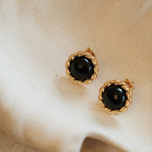 「Nocturne」Black Onyx Round Stud Earrings