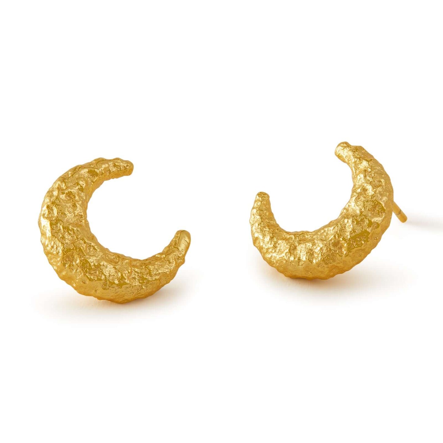 Gold-plated crescent-shaped Moon Earrings by SUIHE Jewelry with a textured, raw surface design.