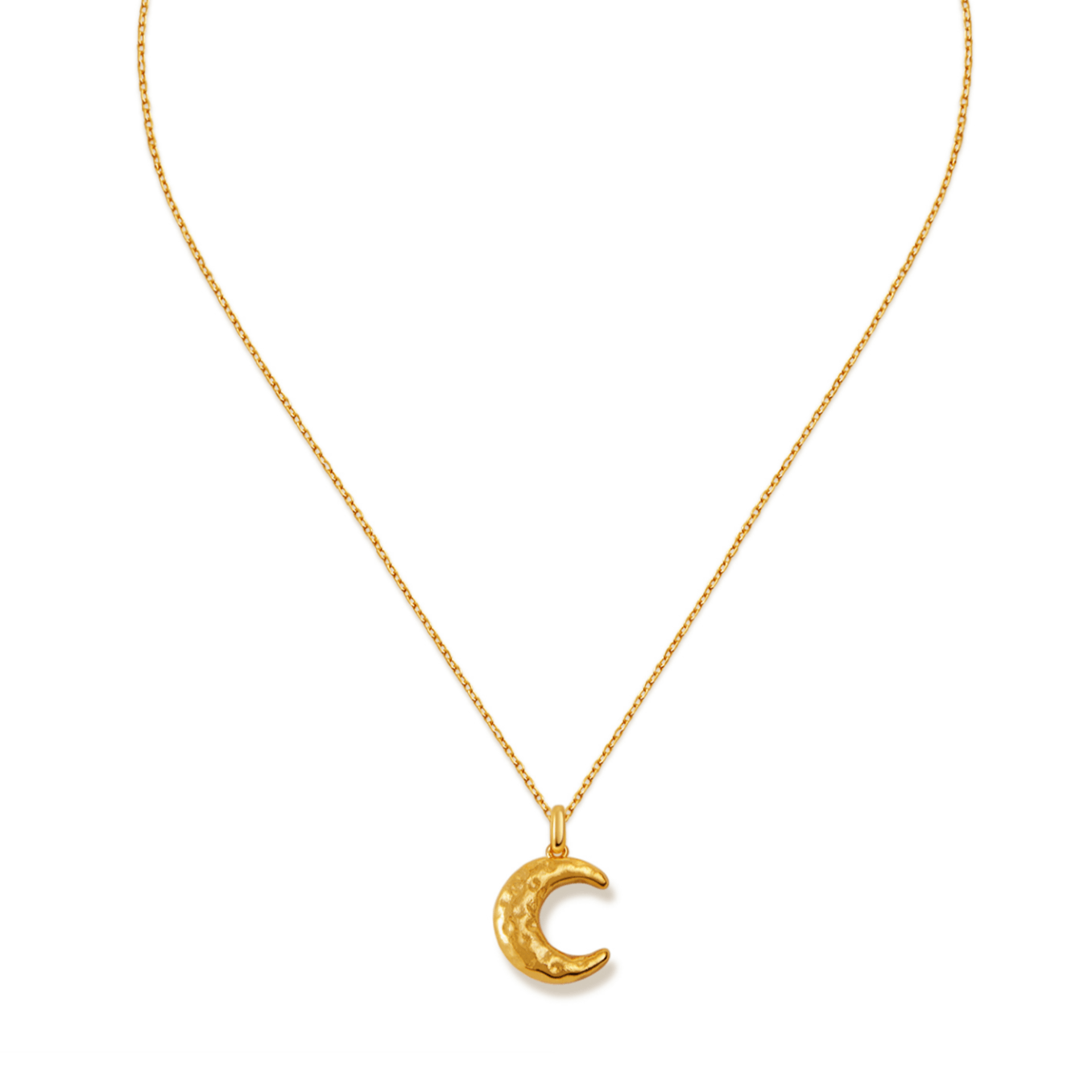 Gold crescent moon necklace by SUIHE Jewelry, featuring a textured pendant on an adjustable chain.