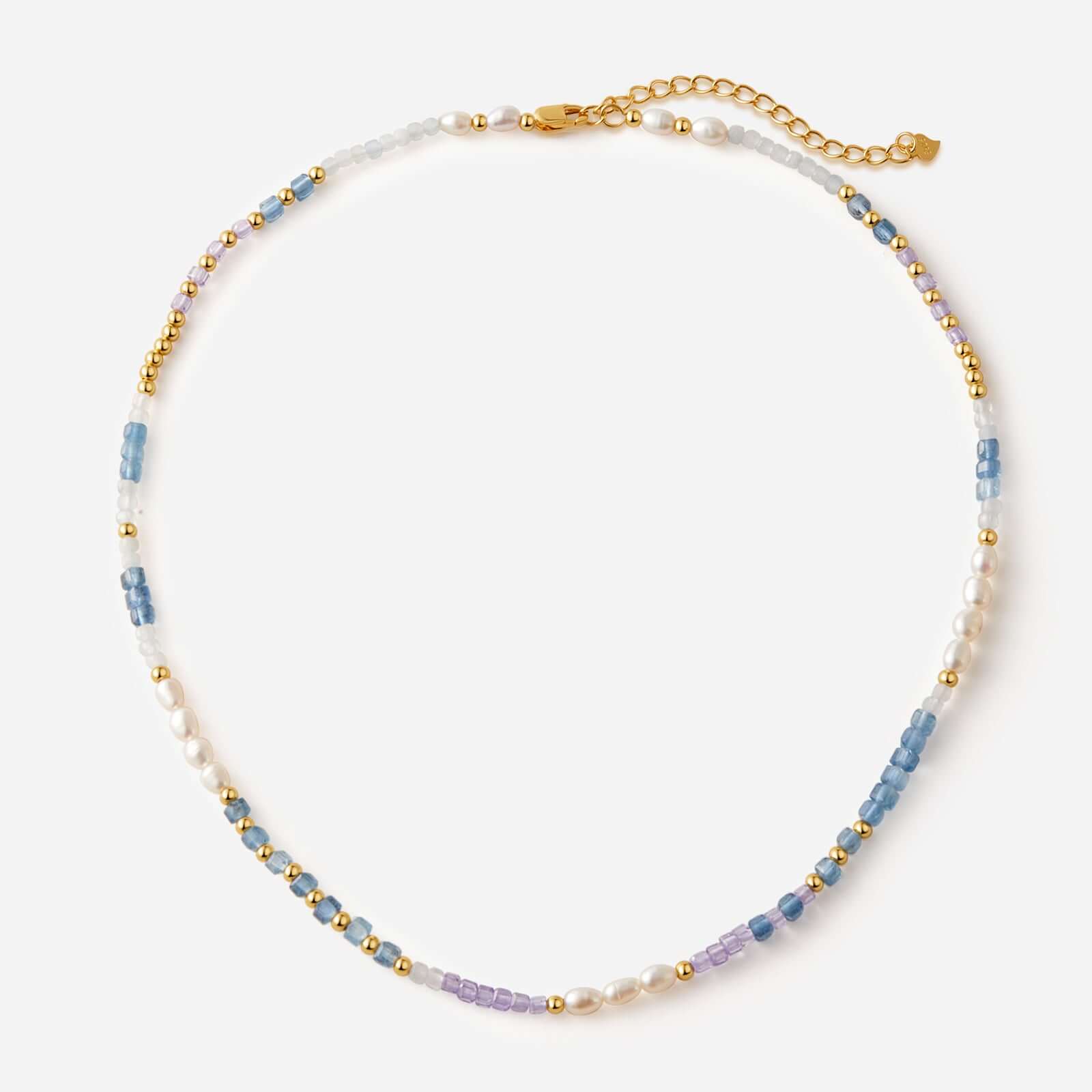 "SUIHE Jewelry Ocean Natural Gemstone Necklace with blue, lavender, white stones, pearls, and gold beads"