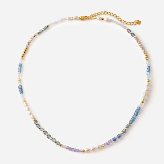 "SUIHE Jewelry Ocean Natural Gemstone Necklace with blue, lavender, white stones, pearls, and gold beads"