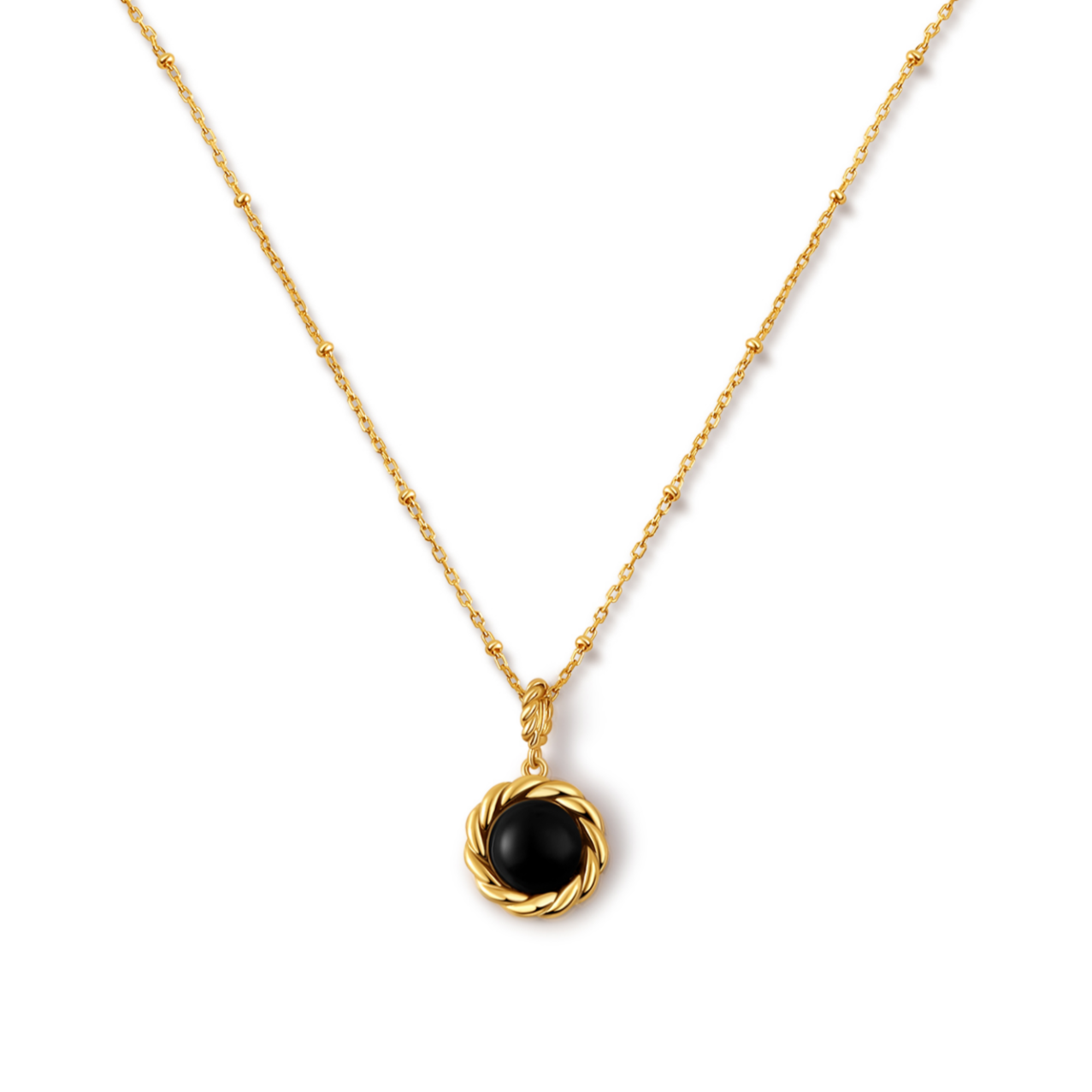 「Nocturne」Black Onyx Round Pendant Necklace
