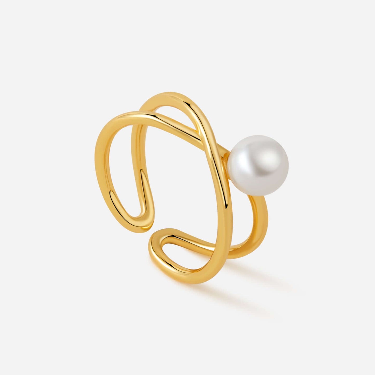 Gold-tone Wavelet Freshwater Pearl Ring by SUIHE Jewelry, featuring a minimalist wave design with a lustrous pearl centerpiece.