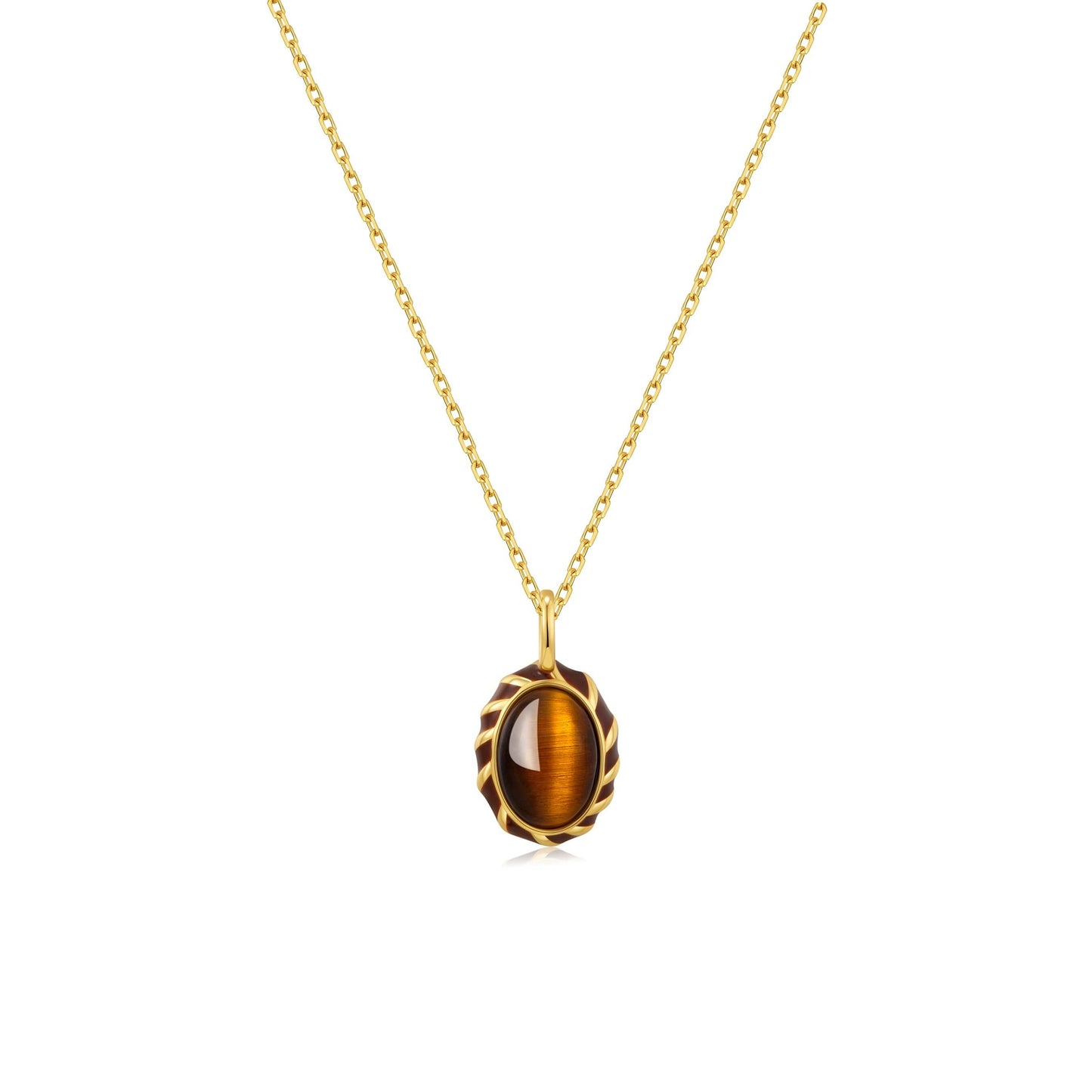 SUIHE Jewelry Mocha Tiger Eye Stone Necklace with golden yellow enamel pendant on adjustable gold vermeil chain, sophisticated design.