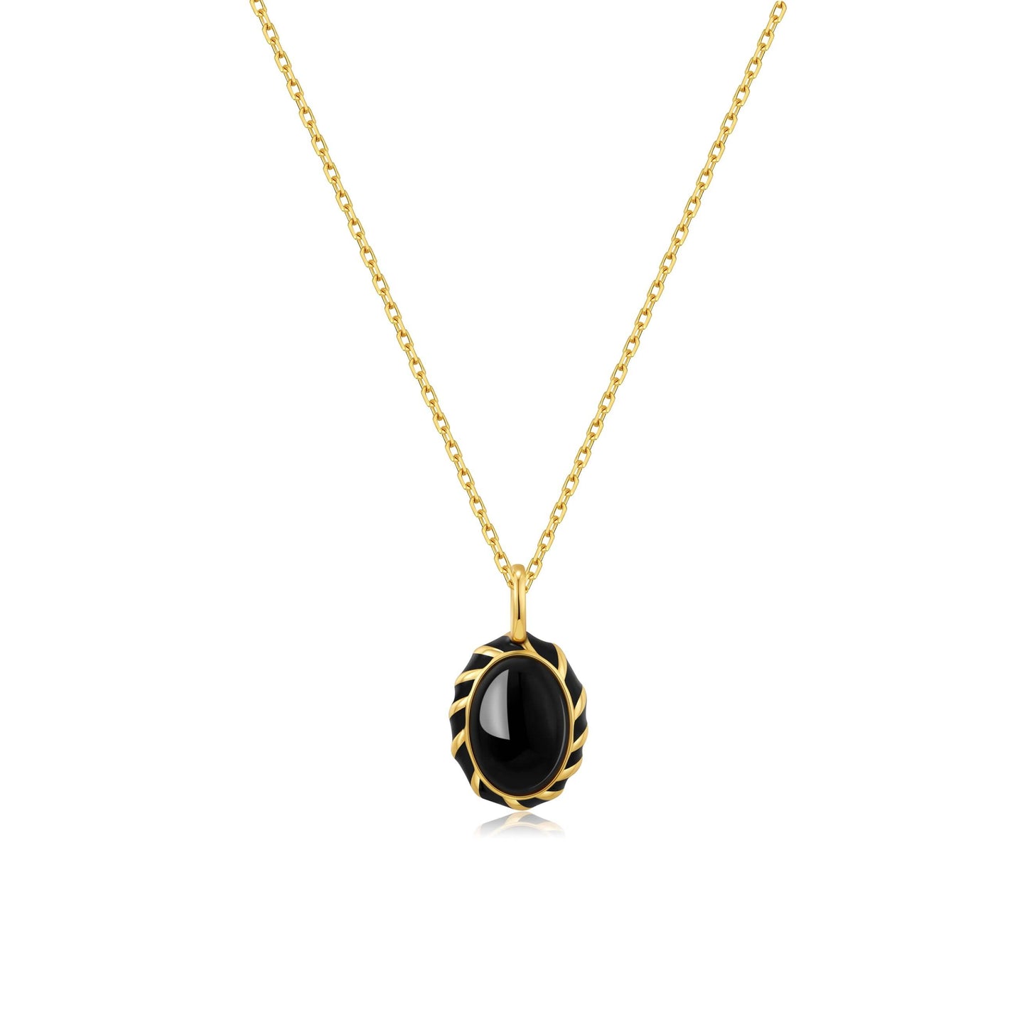 "Eclipse Necklace" with black onyx pendant, glossy enamel, on 40cm gold vermeil chain by SUIHE Jewelry, inspired by solar eclipse.