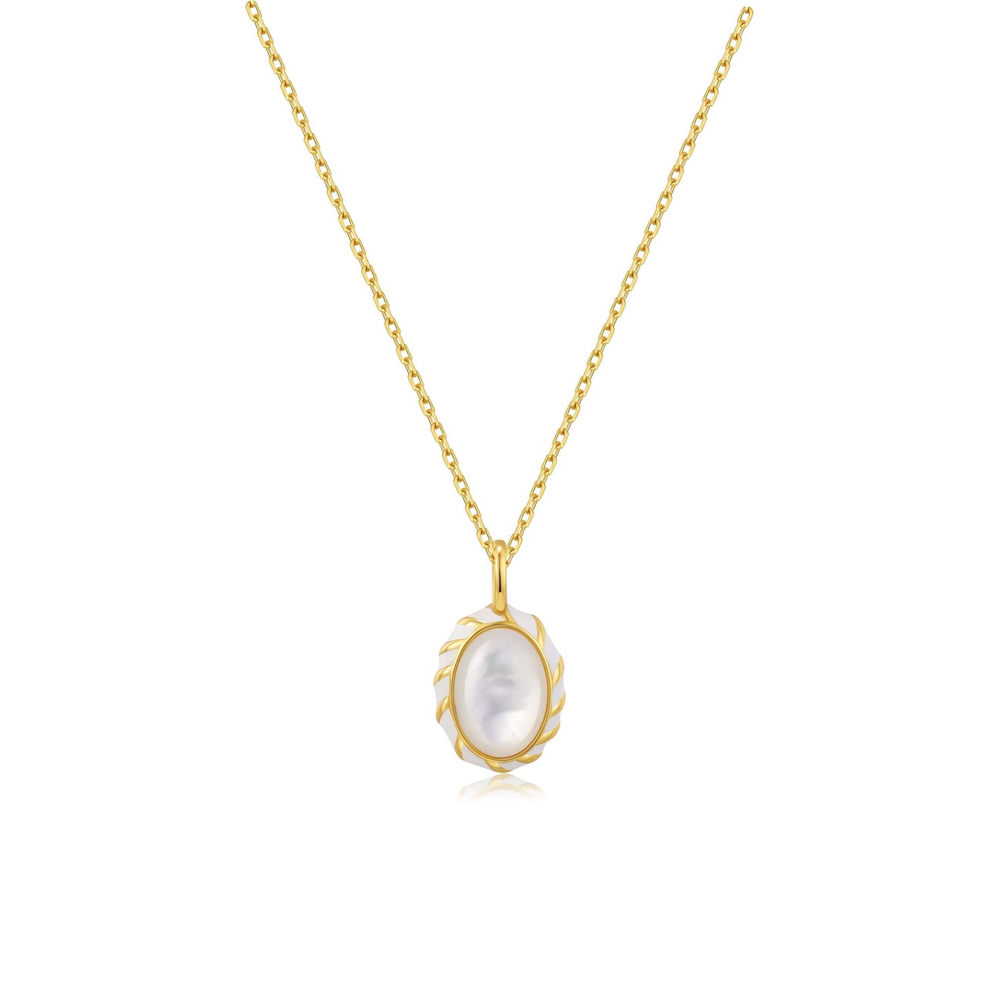 SUIHE Jewelry Luna Mother-of-pearl Necklace with white enamel pendant on gold chain, adjustable length 40cm to 45cm.