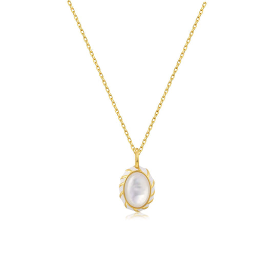 SUIHE Jewelry Luna Mother-of-pearl Necklace with white enamel pendant on gold chain, adjustable length 40cm to 45cm.