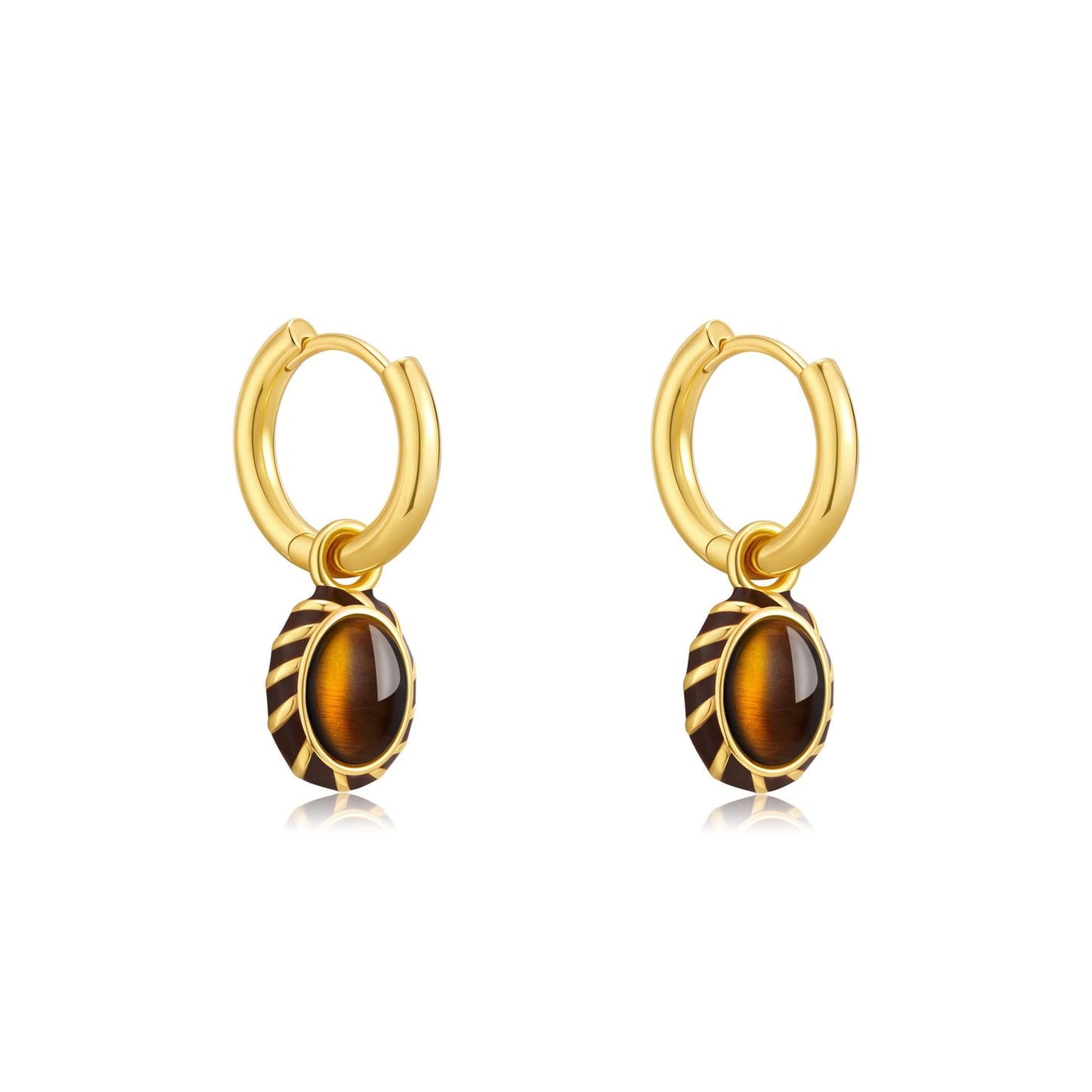 "Mocha" Pendant Earrings by SUIHE Jewelry with 18k gold-plated silver hoops, yellow enamel, and tiger's eye stones.