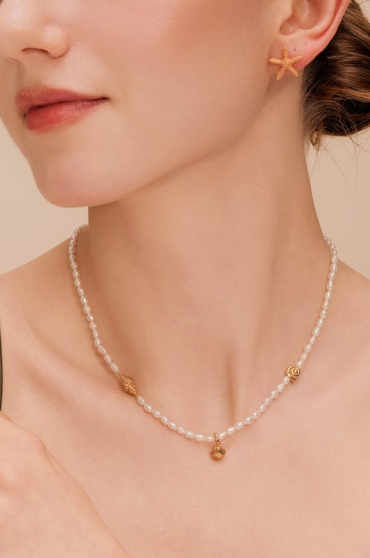 「Ocean Waltz」Natural Freshwater Pearl Mini Charm Necklace