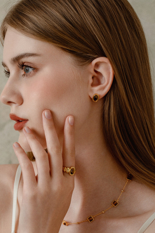 「Halo」Tiger Eye Stone Stud Earrings