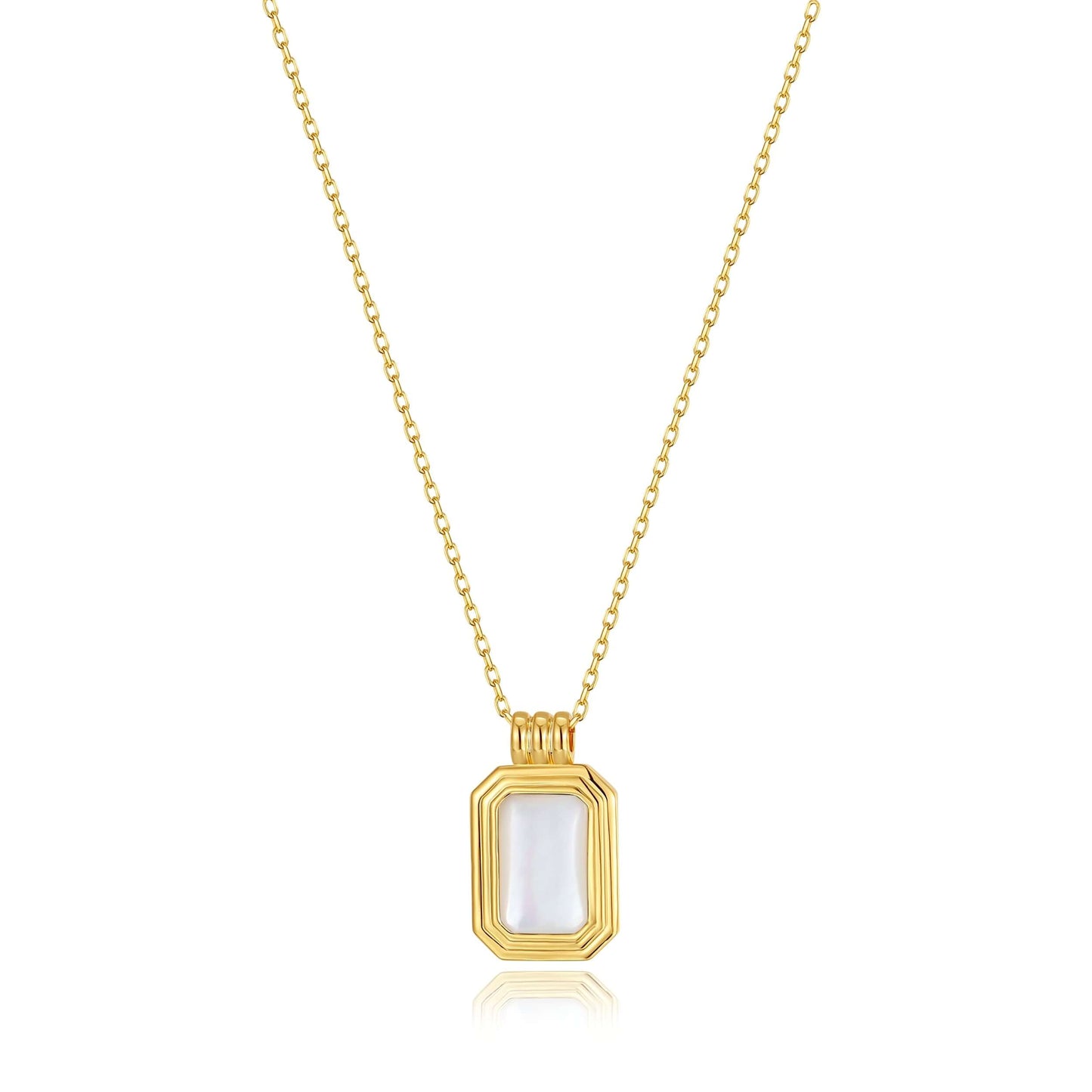 SUIHE Jewelry Radiance mother-of-pearl rectangle necklace with 18k gold vermeil frame, showcasing elegance and iridescent beauty.