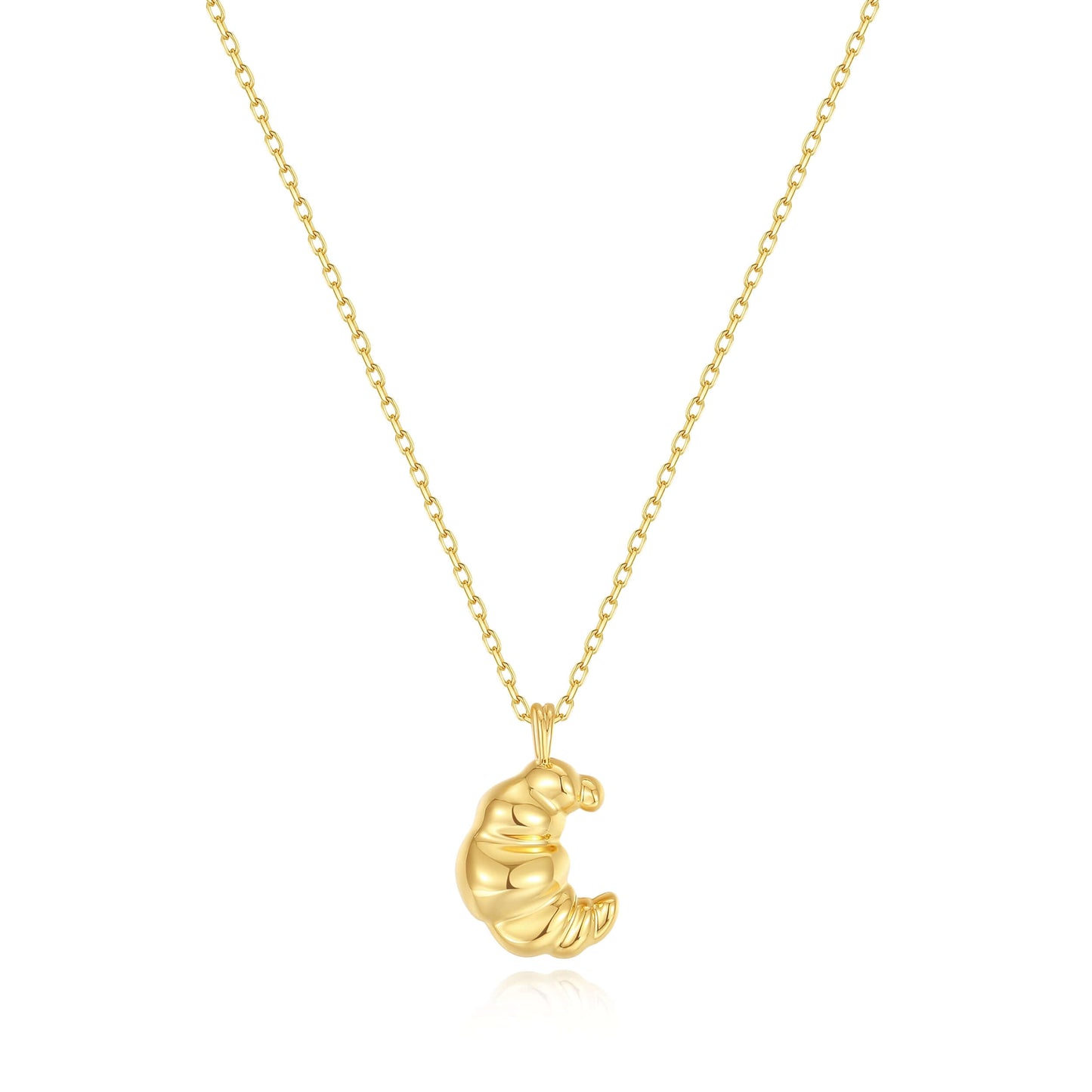 18k Gold Vermeil "Croissant" Necklace by SUIHE Jewelry, inspired by Parisian elegance, with a textured croissant charm, 15mm x 12mm.