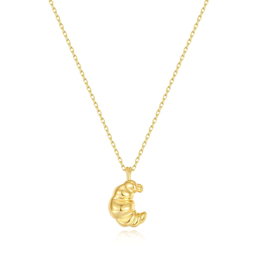 18k Gold Vermeil "Croissant" Necklace by SUIHE Jewelry, inspired by Parisian elegance, with a textured croissant charm, 15mm x 12mm.