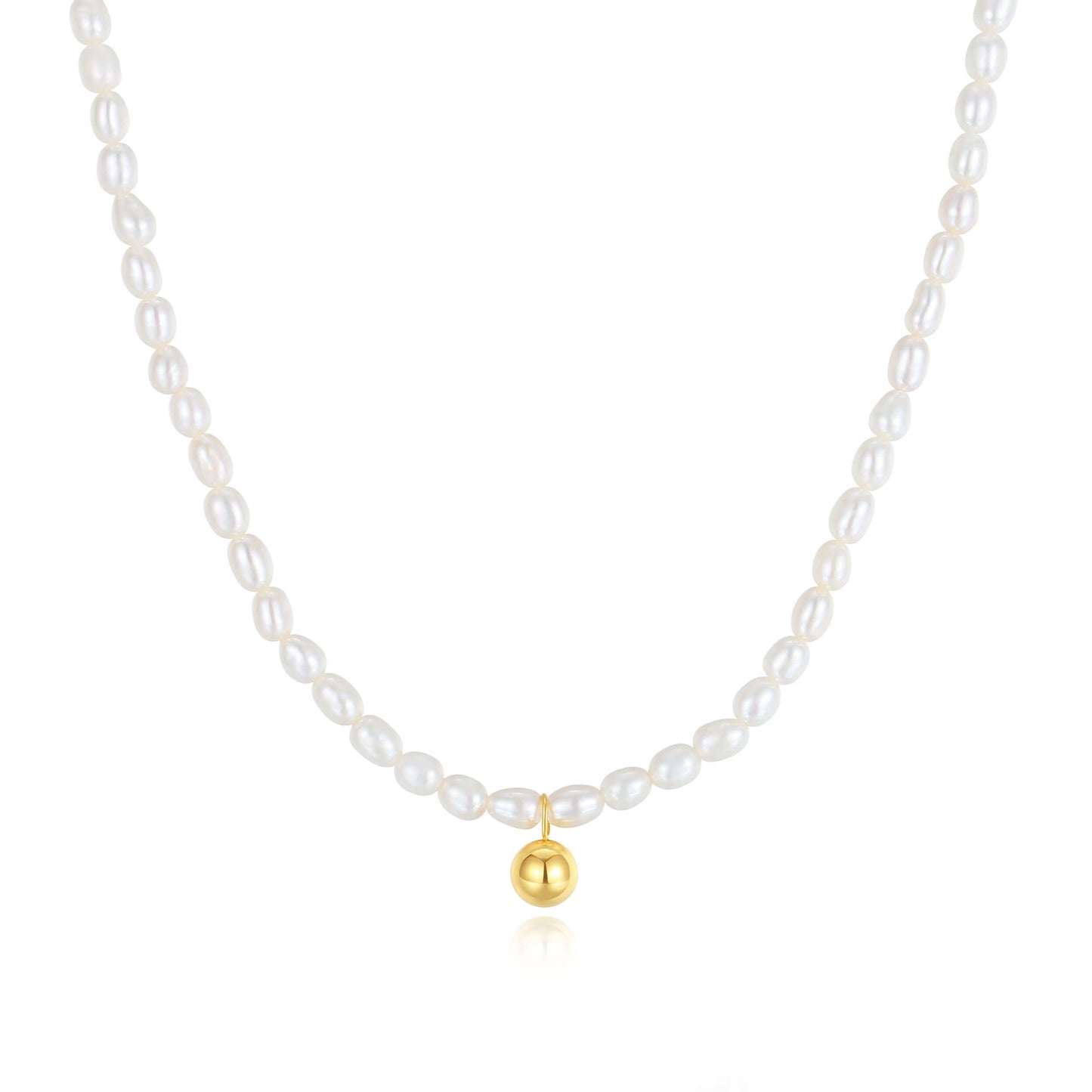 Celestia freshwater pearl necklace with 18k gold vermeil pendant by SUIHE Jewelry. Features delicate 3-4mm pearls, 16" chain with extender.