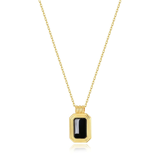 Nocturne black onyx rectangle necklace in 18k gold vermeil by SUIHE Jewelry, symbolizing protection and inner strength.