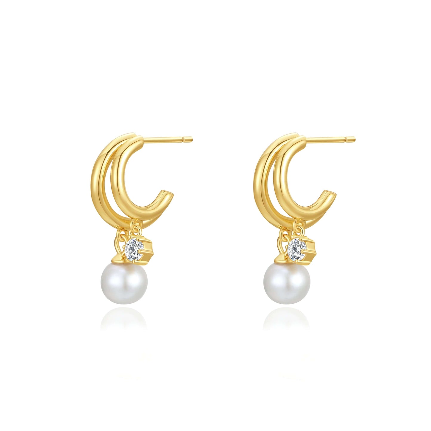 Allure Freshwater Pearl Earrings in 18k gold vermeil with zircon accents by SUIHE Jewelry, featuring a double semi-circle design.