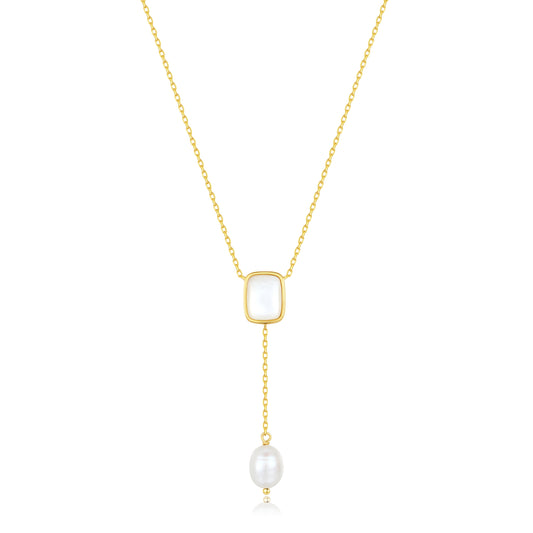 SUIHE Jewelry Allure Mother-Of-Pearl with Pearl Drop Necklace, featuring adjustable chain, mother-of-pearl pendant, and irregular pearls.