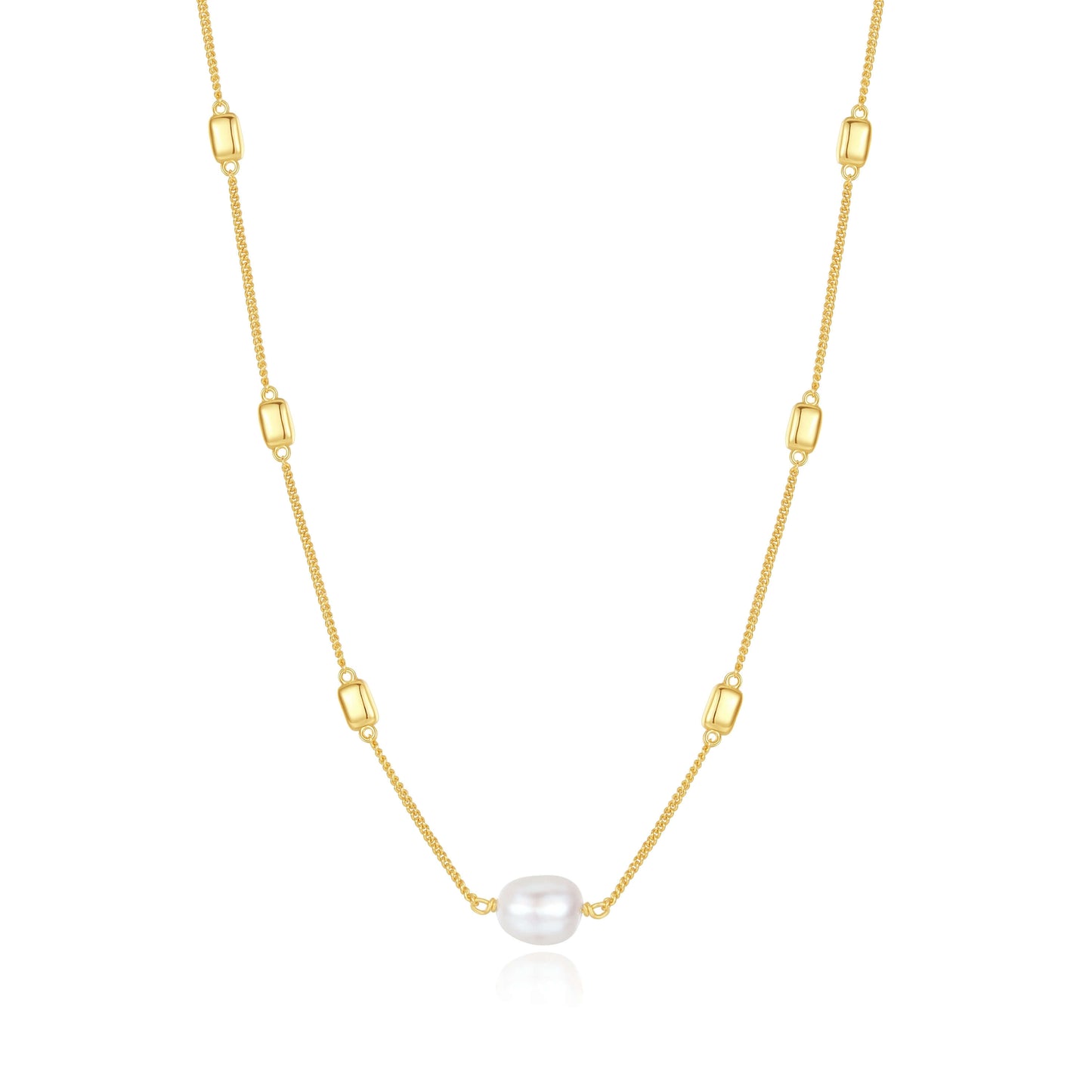 "Jellybean" Necklace by SUIHE Jewelry, featuring 18k gold vermeil chain with freshwater pearls, adjustable 40cm with 2cm and 3cm extensions.