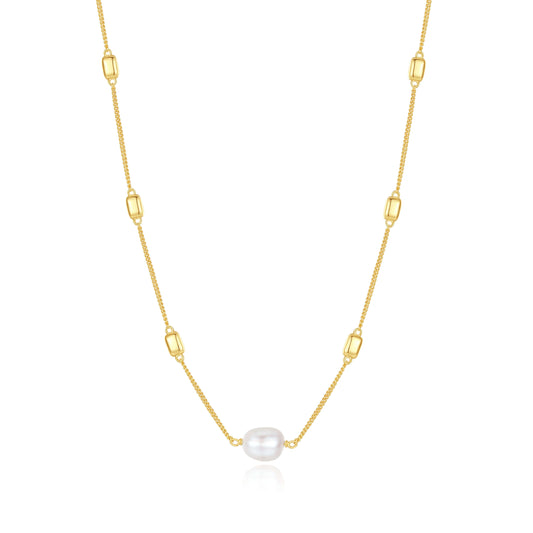 "Jellybean" Necklace by SUIHE Jewelry, featuring 18k gold vermeil chain with freshwater pearls, adjustable 40cm with 2cm and 3cm extensions.