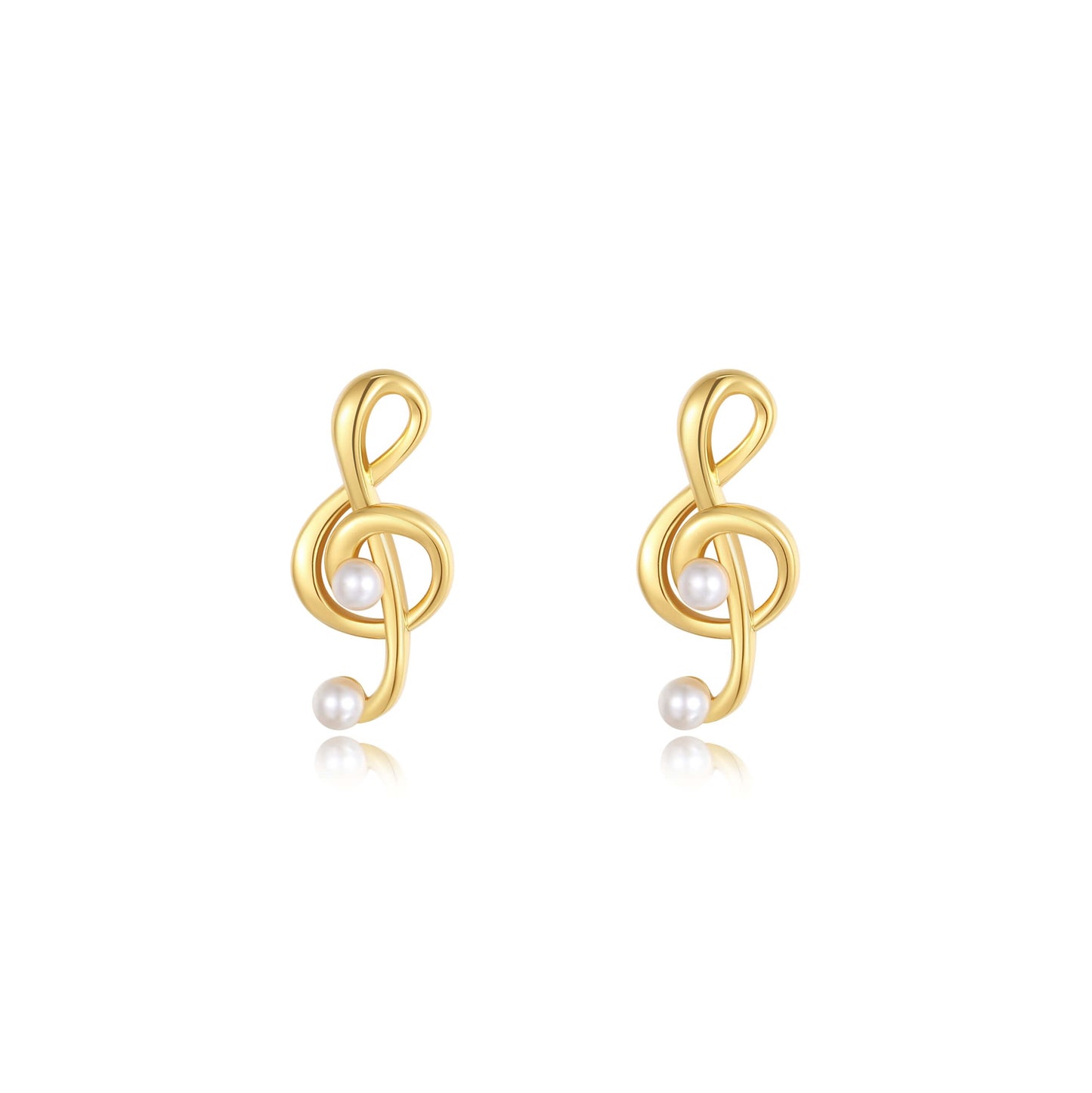 Aria stud earrings in 18k gold vermeil over sterling silver, designed by SUIHE Jewelry. Features a refined musical note shape with pearl accents.