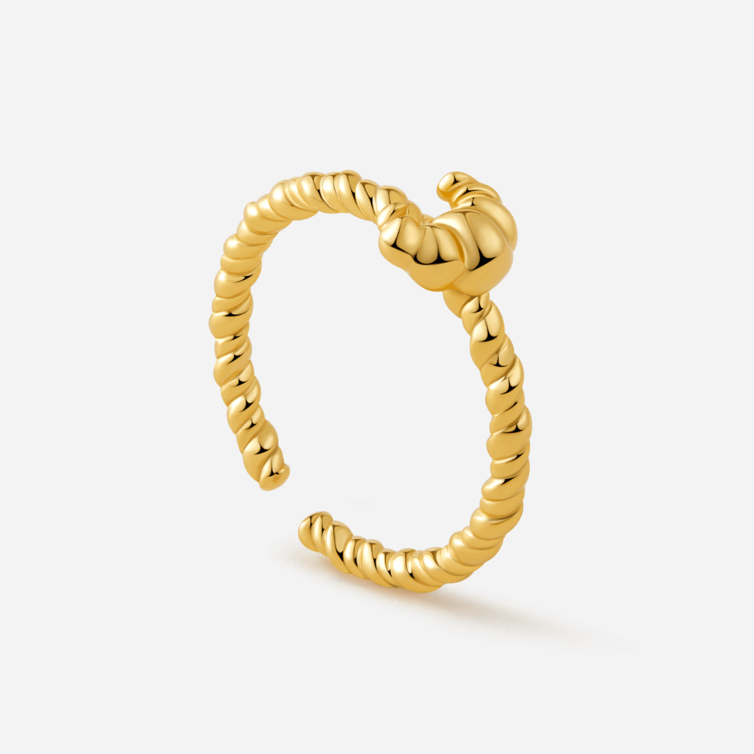 Gold-plated open cuff Croissant Ring by SUIHE Jewelry with twisted texture, inspired by French elegance, offering adjustable fit.