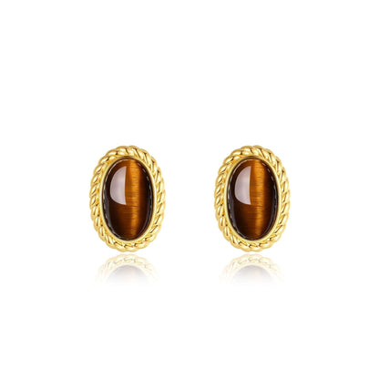 Amber Tiger's Eye Stone Earrings with 18k Gold Vermeil, sleek and hypoallergenic design, SUIHE Jewelry, 17mm x 12mm size.
