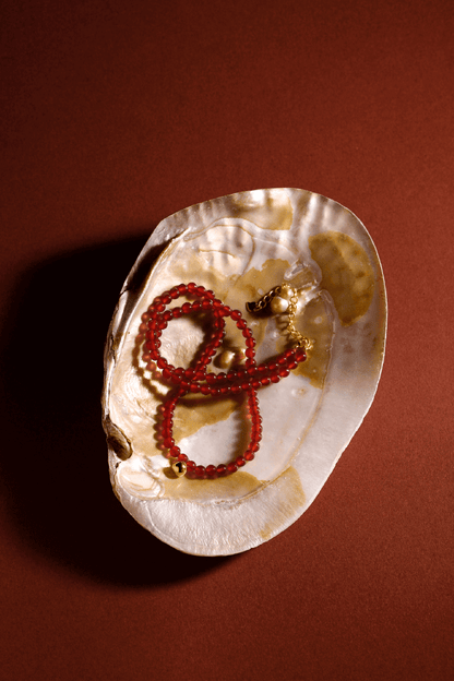 Lucky Red Agate Gemstone Necklace by SUIHE Jewelry resting in a shell, featuring vibrant red agate beads and 18k gold vermeil detail.