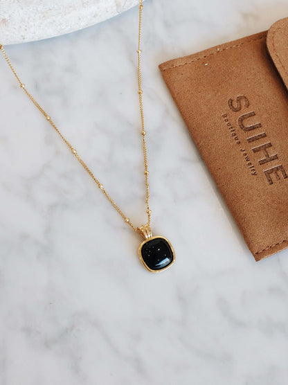 Nocturne Black Onyx Square Necklace by SUIHE Jewelry, featuring 18k Gold Vermeil and sterling silver for strength and elegance.