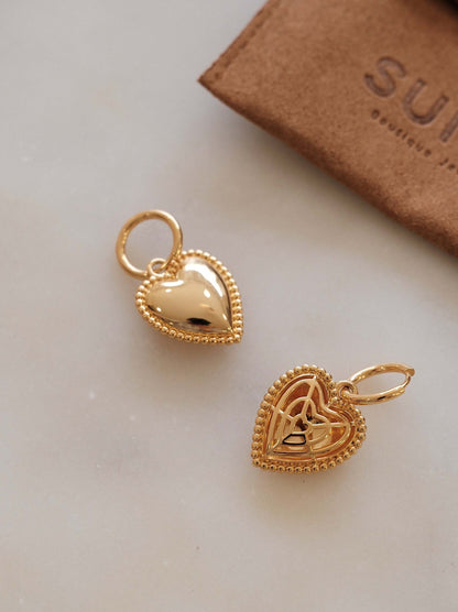 SUIHE Jewelry Adore Heart Charm Hoop Earrings with gold-tone hearts and beaded details, perfect for romance and elegance.