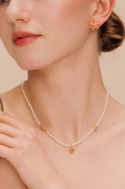 「Ocean Waltz」Natural Freshwater Pearl Mini Charm Necklace