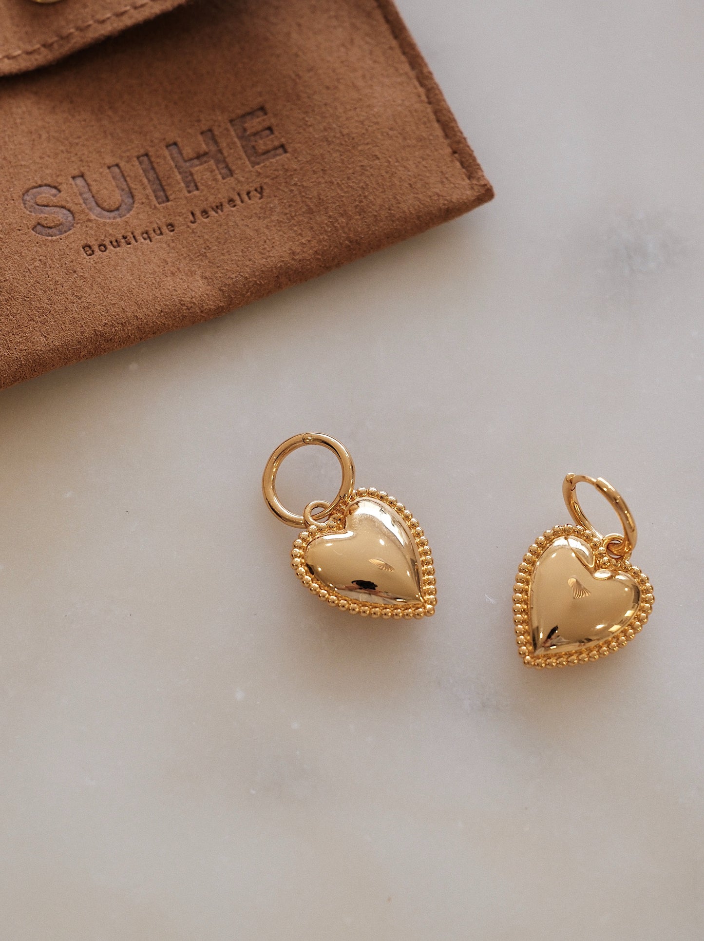 「Adore」 Heart Charm Hoop Earrings