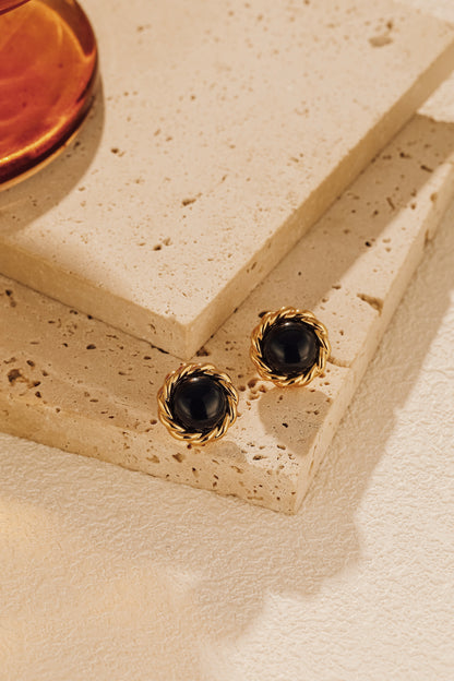「Nocturne」Black Onyx Round Stud Earrings