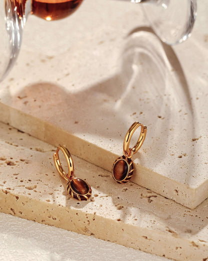 SUIHE Jewelry 'Mocha' Pendant Earrings in 18k gold-plated silver with tiger's eye stone and yellow enamel on stone tile.