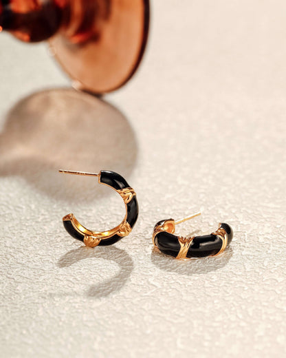 Eclipse Black Onyx and Enamel Hoop Earrings by SUIHE Jewelry, featuring gold vermeil and sleek black enamel design, 22mm size.