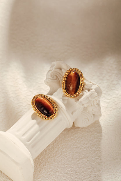 Amber earrings featuring Tiger's Eye Stone and 18k Gold Vermeil, by SUIHE Jewelry. Elegant and hypoallergenic design, 17mm x 12mm.