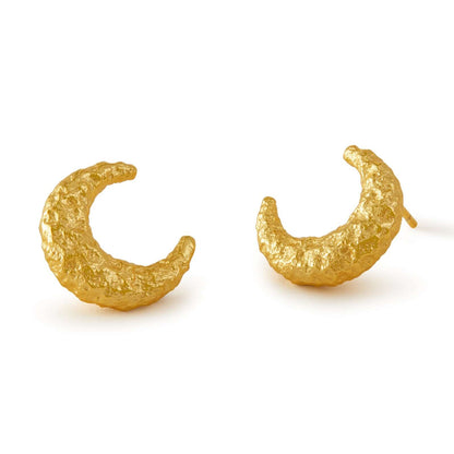 Gold-plated crescent-shaped Moon Earrings by SUIHE Jewelry with a textured, raw surface design.
