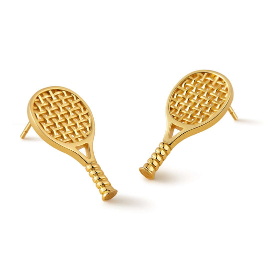 Gold-plated tennis racket stud earrings by SUIHE Jewelry, perfect for tennis lovers and fashion enthusiasts. Sporty and stylish accessory.