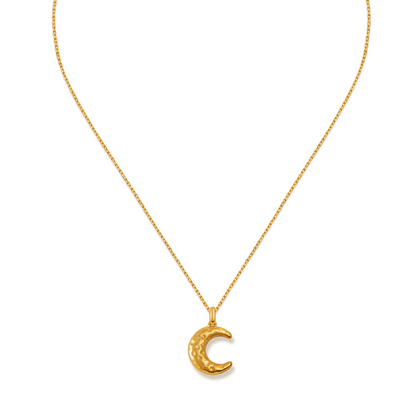 Gold crescent moon necklace by SUIHE Jewelry, featuring a textured pendant on an adjustable chain.