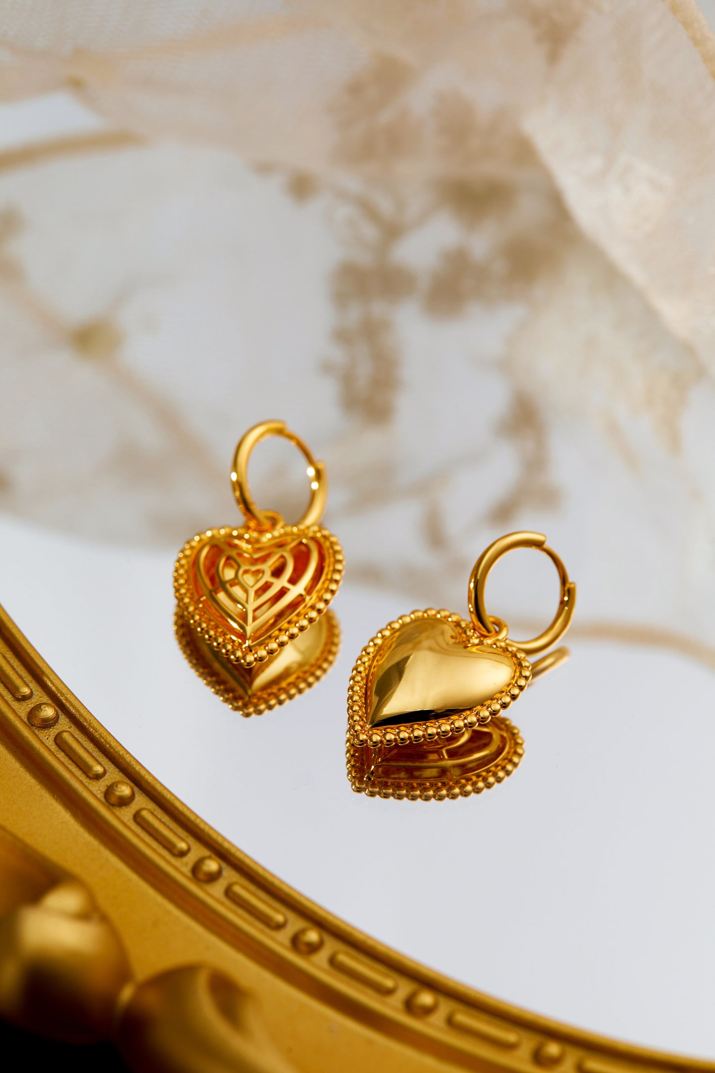 「Adore」 Heart Charm Hoop Earrings