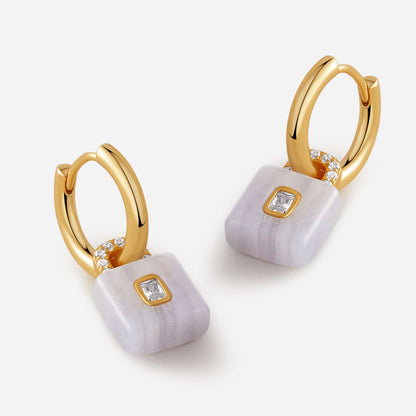 SUIHE Jewelry Lock Aquamarine Stone Earrings with gold-plated hoops, polished aquamarine pendants, and zircon centers for style and peace.