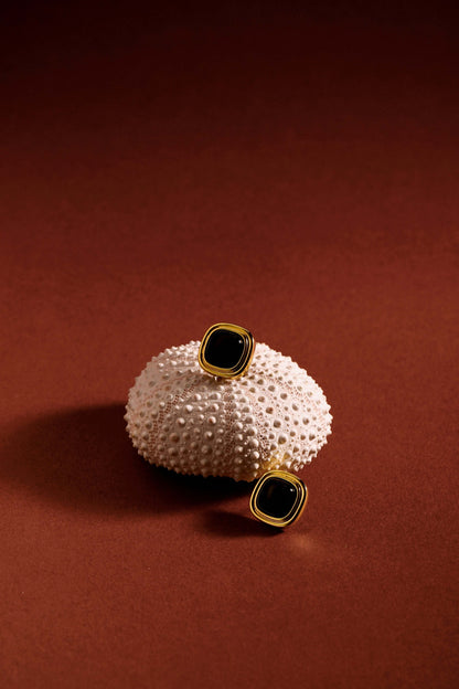 SUIHE Jewelry Nocturne black onyx square earrings on sea urchin with 18k gold vermeil accent on a rich brown background.