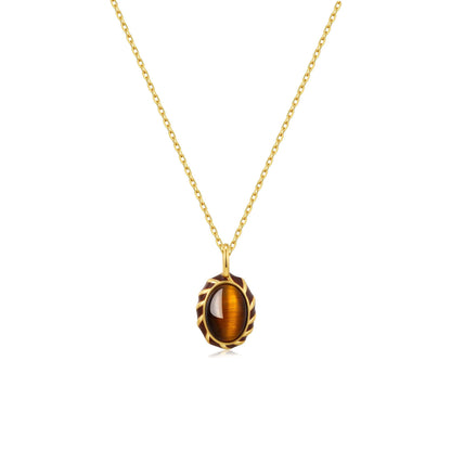 SUIHE Jewelry Mocha Tiger Eye Stone Necklace with golden yellow enamel pendant on adjustable gold vermeil chain, sophisticated design.