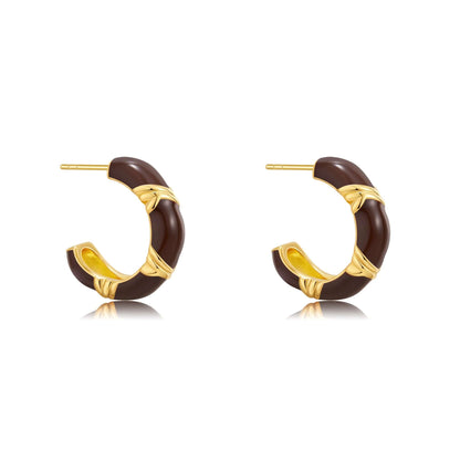 Mocha hoop earrings by SUIHE Jewelry, featuring gold vermeil and yellow enamel accents in a 22mm half-moon design.