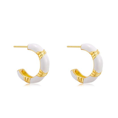 Luna white enamel hoop earrings by SUIHE Jewelry, 22mm half-moon design with 18k gold vermeil over sterling silver details.