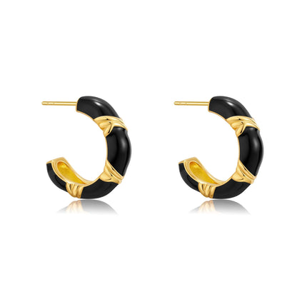 Eclipse hoop earrings with black onyx and enamel, gold vermeil accents by SUIHE Jewelry.