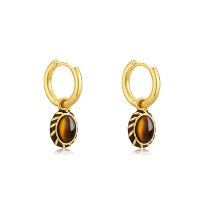"Mocha" Pendant Earrings by SUIHE Jewelry with 18k gold-plated silver hoops, yellow enamel, and tiger's eye stones.
