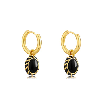 SUIHE Jewelry "Eclipse" black onyx and enamel pendant earrings crafted in gold-plated sterling silver, 13mm hoops with 8.5x11mm pendants.